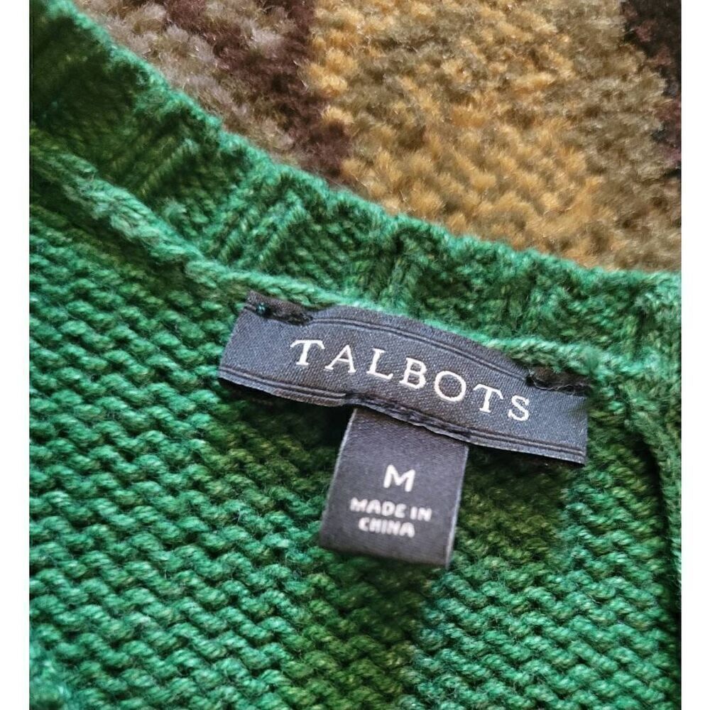 Talbots Sweater Women's Medium Green Pom Pom Zip Back Cotton Knit Crew - Picture 4 of 4